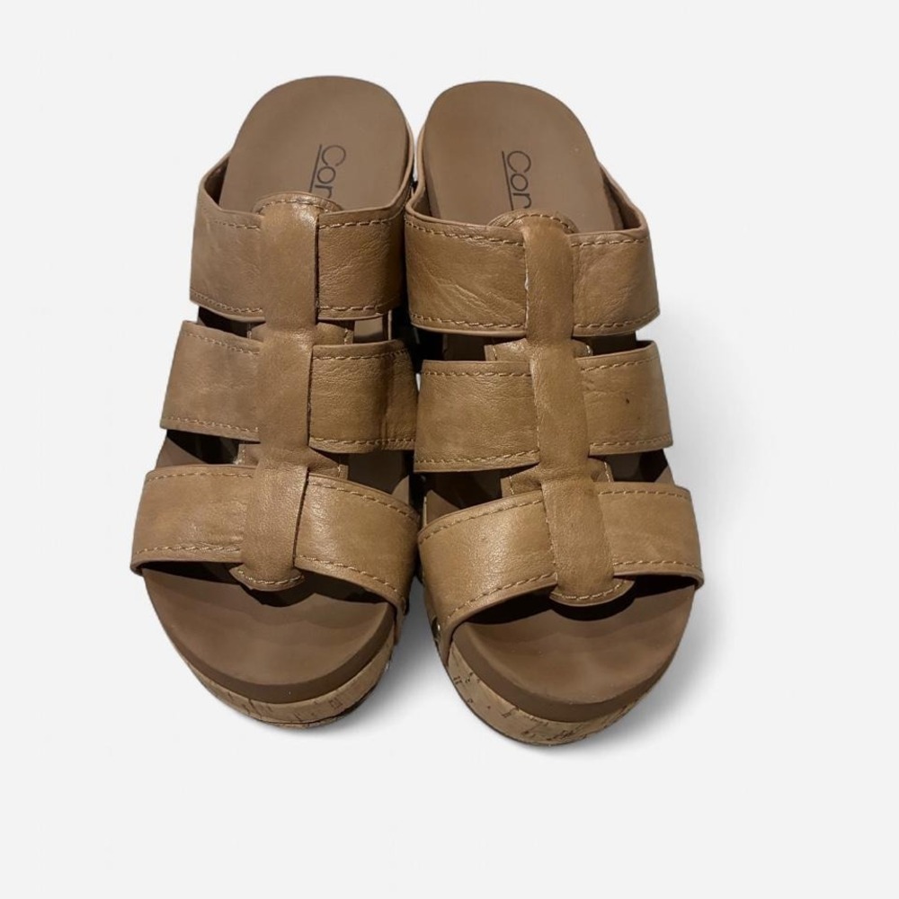 Tan faux- leather corky's wedge sandals‎ Sz  7
